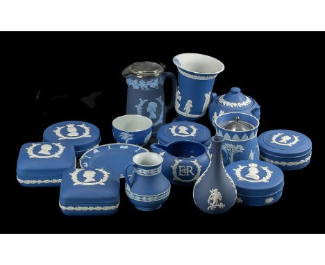 Wedgwood Dark Blue Jasper Ware,  to include trinket pots and covers, vases, jug, approx. 15 pieces.