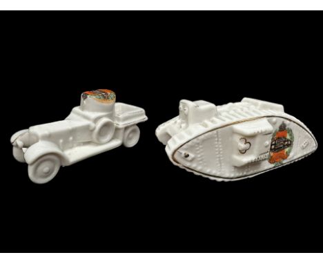 Two White Carlton Ware Ceramic Ornaments, in the form of a WWI tank and Armoured car.  Both with Tank Corps crest.