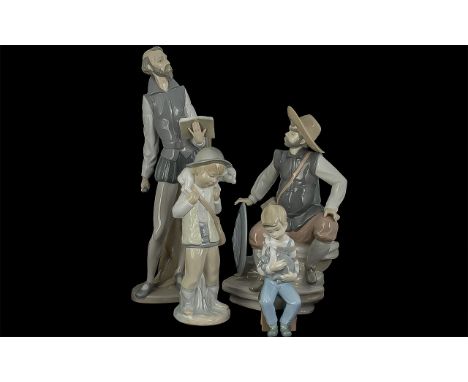 Four Nao Figurines,  comprising Little Boy Blue Shepherd with sheep (retired), Boy with dog, Sancho Panza No. 1256, and Don Q