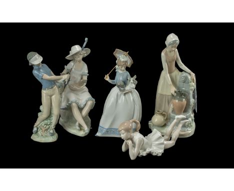 Five Nao Figures, comprising 1.  Girl collecting water No. 0136, 11'' high.  2.  Girl with chicken 10'' high.  3.  Lady Golfe