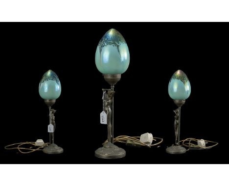 Art Nouveau Style Heron Glass Nude Lady Lamp, measures 19'' high, the shade is hand blown and the colours are amazing, above 