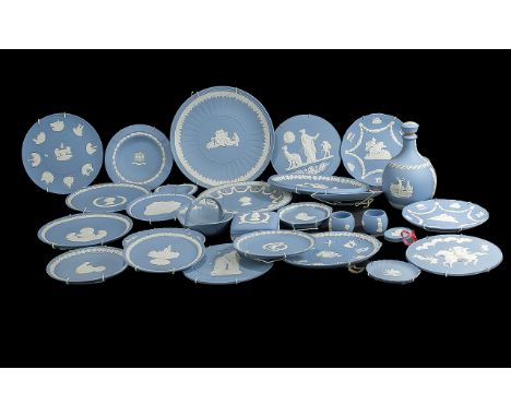 Box of Blue Jasper Ware comprising cabinet plates, egg cups, basket, lidded flask, lidded trinket box, pin dishes, etc. with 