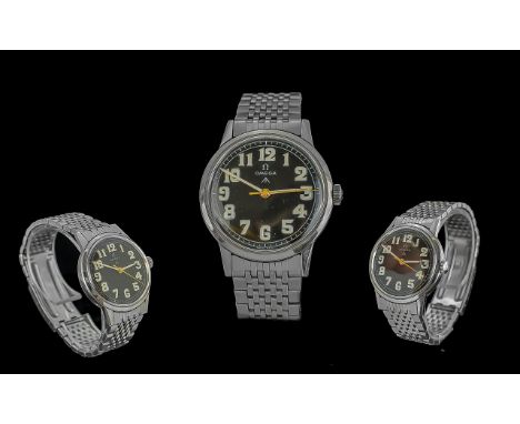 Omega - Seamaster Manual Wind Gents Steel Wrist Watch with Military Style Black Dial, Beads of Rice, Omega Signed, Bracelet a