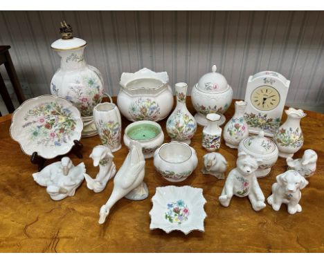 Quantity of Aynsley 'Wild Tudor' Bone China, comprising table lamp, mantle clock, planter, assorted bud vases, lidded trinket