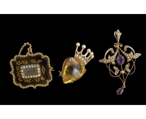 A Fine Antique Period Trio of 9ct &amp; 12ct Gold Gem Set Brooches ( 3 ) Comprises 1/ Coronet Brooch 12ct Gold Set with Large