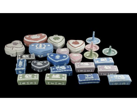 Box of Wedgwood Mixed Colours, to include trinket boxes and covers, rectangular, heart shaped, together with ring trees, etc.