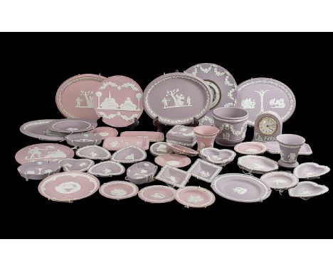 Box of Lilac &amp; Pink Jasper Wedgwood, comprising plaques, classical, trays, trinket boxes, small vases, clock etc.  Approx