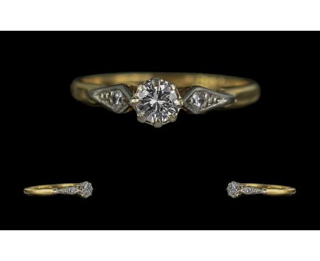 18ct Gold and Platinum Diamond Set Ring - Marked 18ct Golg and Platinum to Interior of Shank. The Central Faceted Diamond of 