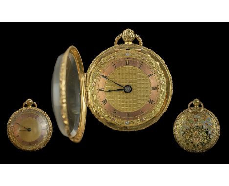 George lll 18ct Gold Tri-Colour Verge Driven Key Wind Ornate Pocket Watch with fancy dial, some enamel decoration to the back