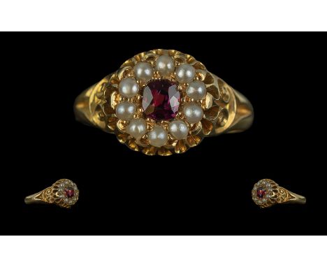 Edwardian Period 1901 - 1910 Attractive 18ct Gold Ruby and Pearl Set Ring, Open worked Ornate Setting. Full Hallmark to Inter