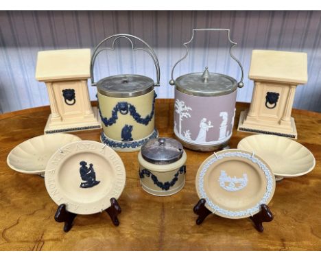 Collection of Wedgwood Cream and Black, including book ends, biscuit barrel, sugar bowl, candlestick, etc. together with Wedg