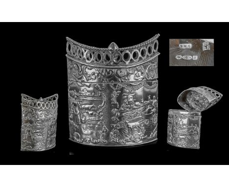 Dutch 20th Century Early Tea Caddy, Hinged with Embossed Figural / Scenes to Body of Caddy. Silver Purity 934 ( High Grade ) 