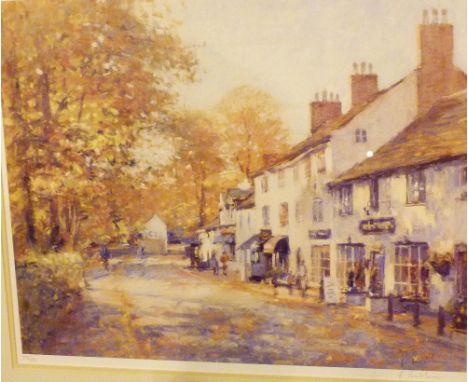 Print signed by R Richardson of Pretbury village centre, Limited Edition 715/850, 45 x 55 cm 