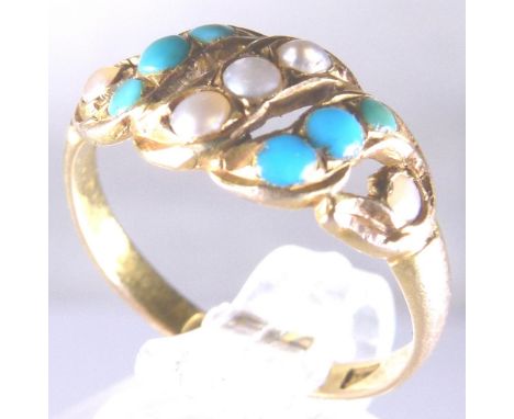 Antique 15 ct gold turquoise and pearl ring, size K