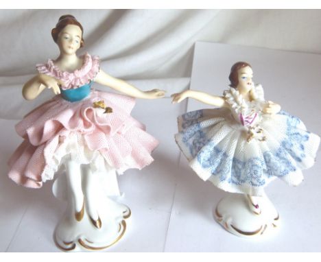 Two German Dresden ceramic ballet dancers H: 10 cm