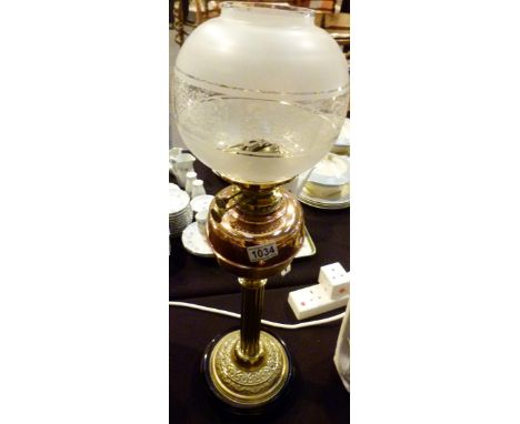 Antique brass oil fueled table lamp with etched glass shade, H: 70 cm