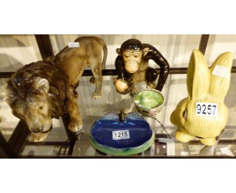 Shelf of ceramics including Doulton coal jar soap dish  CONDITION REPORT: There is damage to the base of the Sylvac Chimp and