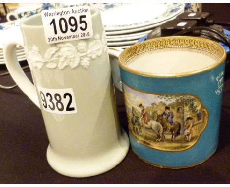 Victorian pint mug with decorative panels and a Spode mug 