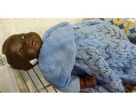 Ceramic black doll marked AM Germany with closing eyes 351/5K