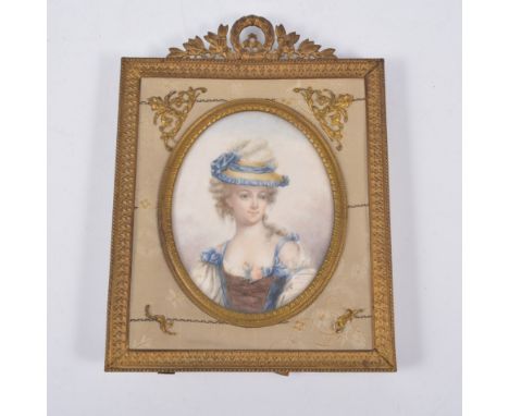 Continental School, early 20th Century, head and shoulders portrait of a young lady wearing a bonnet, miniature, oval, 9cm x 