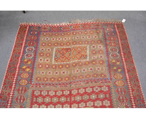 Large Kilim rug, geometric tile motifs, seamed and adapted approximately 385 x 178cm
