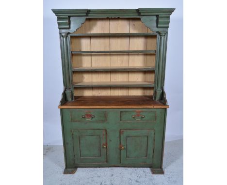 Green painted pine dresser, with two shelf rack over two drawers and two doors W124cm x H185cm.