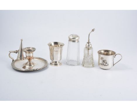 Silver-plated chamber stick, nursery mug, beaker, glass caster, silver moulded atomiser.