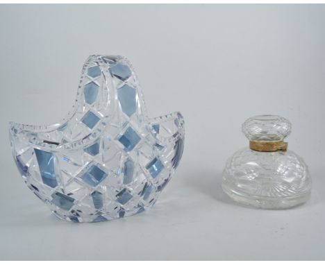 Heavy facet cut-glass inkwell, diameter 12cm; cut-glass and tinted basket and other glassware.