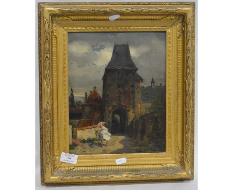 R. Huhlsteiner, Lady riding a donkey leaving a tower, figure on horseback beyond, oil on canvas, signed '77, 29 x 24cm.