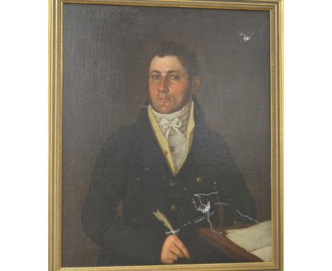 English School, 19th Century, John Merrison Orfeur, half-length portrait, seated at a writing table, oil on relined canvas, 7