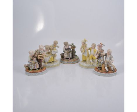 Pair of Meissen style porcelain figure groups, boy with a birdcage and girl with a wreath; and boy with sickle and girl with 