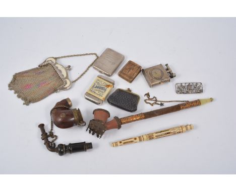 A tray of small collectables, a carved and pierced bone pen holder with Stanhope, lead soldiers, silver vesta case with doubl