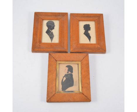 Victorian silhouette profile portrait, head and shoulders, Francis Orfeur, 1825, 9.5cm x 7cm, maple frame; two further silhou