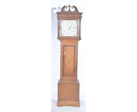 Oak longcase clock, painted dial, thirty hour movement, height 201cm.