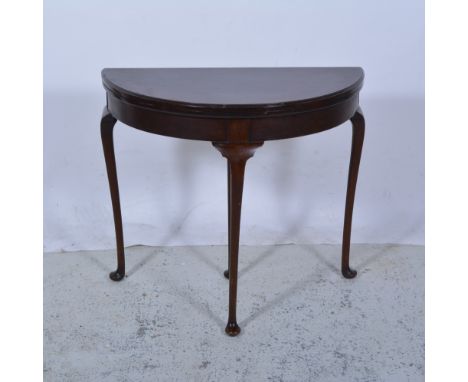 George III style demi-lune card table, plain frieze, cabriole legs with pad feet, width approximately 86cm.