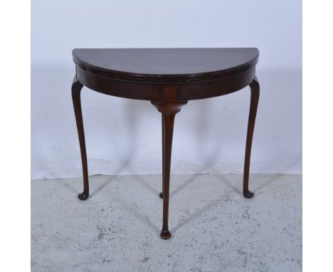 George III style demi-lune card table, plain frieze, cabriole legs with pad feet, width approximately 86cm.