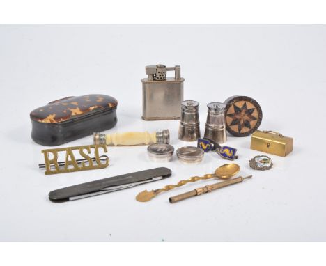 A box of small collectables, a miniature silver salt and pepper pot, a silver engine turned design penknife hallmarked Sheffi
