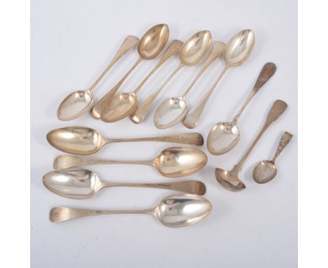 Four Georgian silver tablespoons, engraved initials, seven silver dessert spoons, various dates and makers, some with engrave
