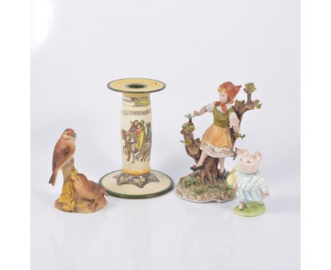 Staffordshire pottery spill vase group, painted in colours, 19cm; two other Staffordshire pottery figures; Continental model 