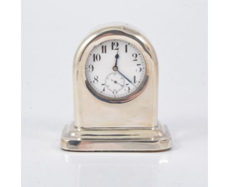 Edwardian silver mounted mantel clock, circular enamel dial, height 9cms.