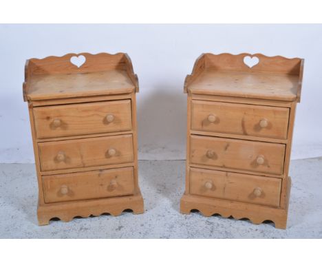 Pair of pine beside tables, each with three-quarter gallery, three drawers, turned handles, bracket feet, width 48cm, depth 3