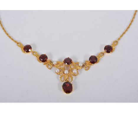 9ct gold garnet and seed pearl set necklace, textured finish, integral necklace