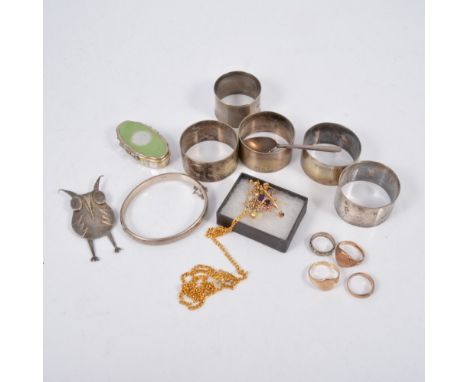 Collection of costume jewellery, brooches, necklaces, wrist watches, a silver half hinged bangle, diamond set stick pin in fi