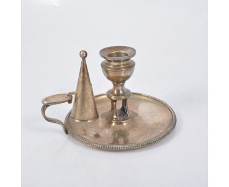 A George III silver chamber stick, urn sconce, beaded edge with conical snuffer, Nathaniel Smith & Co Sheffield 1807, 10.5cm,