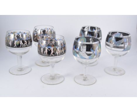 Vetri della Arte (Vedar), two sets of three enamelled glass goblets, circa 1930, one set decorated with a frieze of cherubs, 