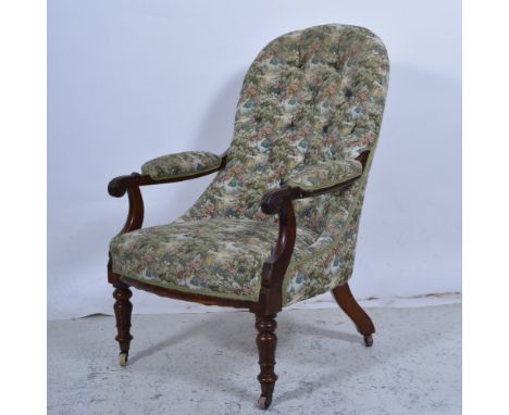 Victorian mahogany and stained wood easy chair, machine made tapestry style upholstery, scrolled open arms, width 66cm.