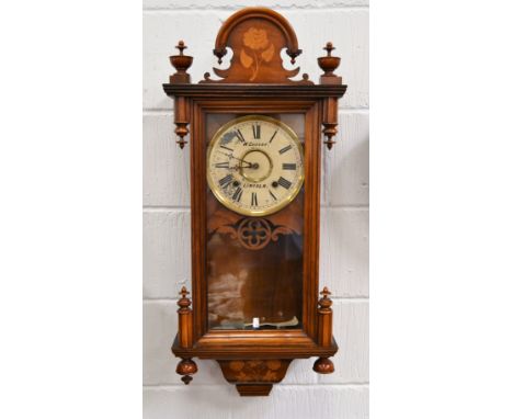 Inlaid walnut wall clock, floral marquetry decoration, white enamelled dial signed W Gadsby, Lincoln, spring driven movement 