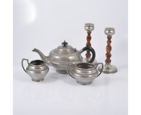 Pair of brass candlesticks, pair of oak and pewter candlesticks, pewter teapot, pair of stands etc