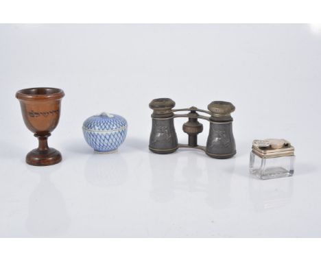 Pair of French hunting binoculars, cast depicting a Stag and dogs, small Chinese pot, wooden egg cup, and a small silver topp