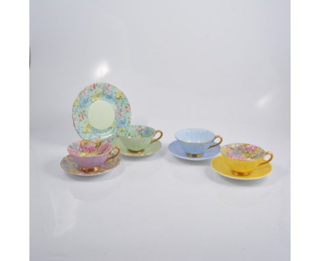 Four Shelley harlequin cups and saucers with chintz interior to cups, other bone china floral trios  and plates, Victoria Chi